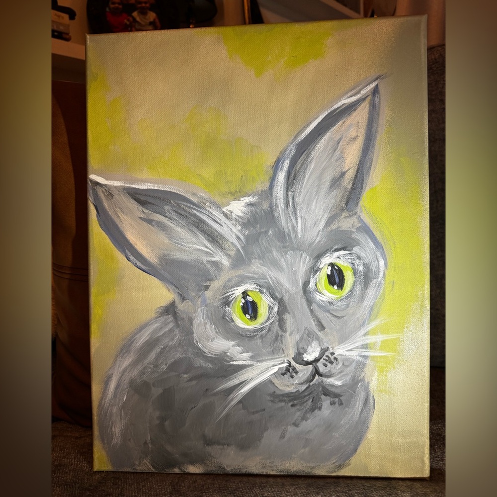 16x12 Grey Cat Portrait Green Eyes Acrylic Canvas Original Art
